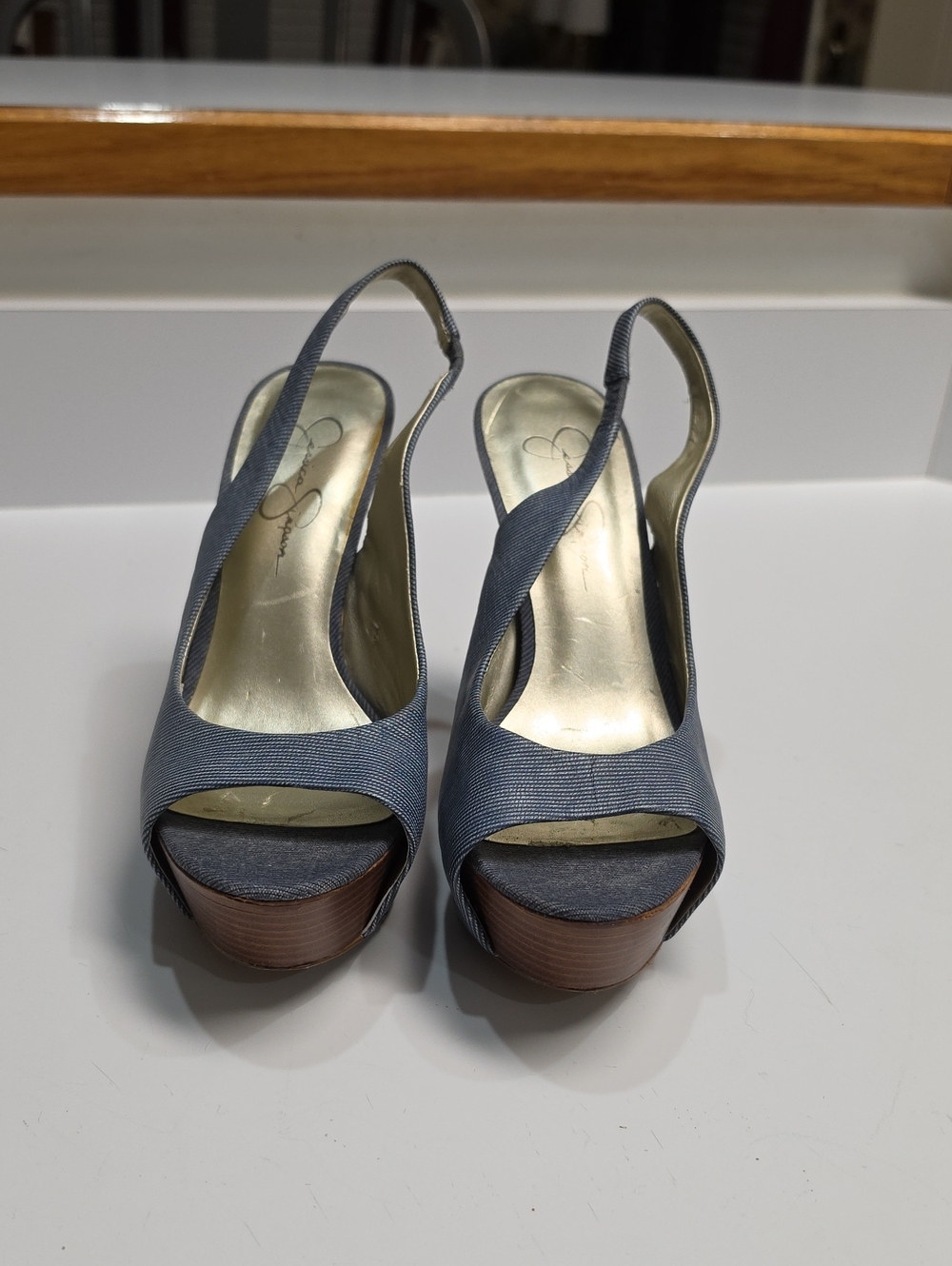 Jessica Simpson Sibilla Denim Slingback Platform Stiletto Heels - Size 7.5